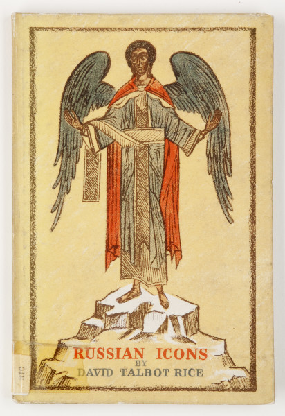 Print of large winged person standing on a rock wearing a red cape and long blue-grey tunic, with arms outstrecthed